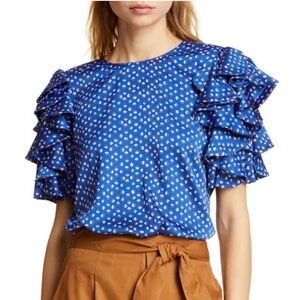 Kate Spade Geo Dot Ruffle Sleeve Satin Top